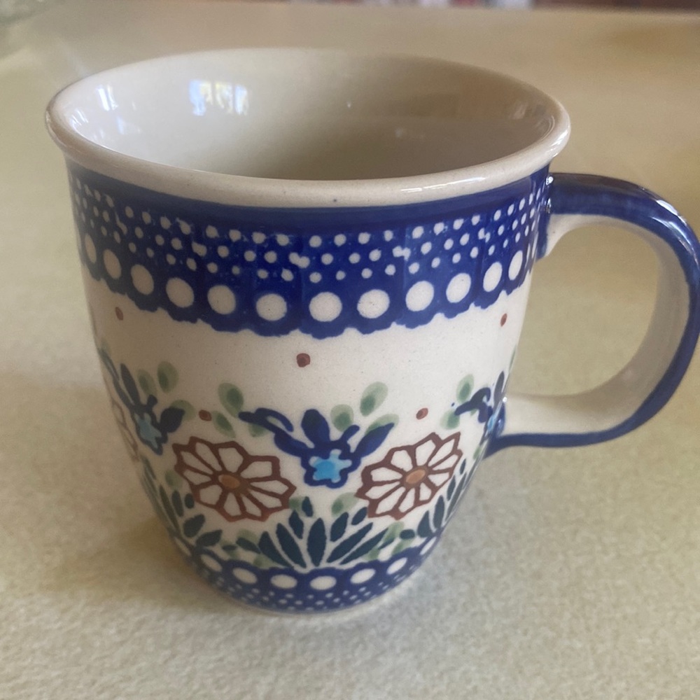 Boleslawcu hand made polish pottery signed G. Frankow floral design coffee mug